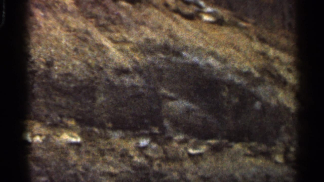 Soft 8mm view of a rocky or earthen roadside embankment with dark frame edges.
