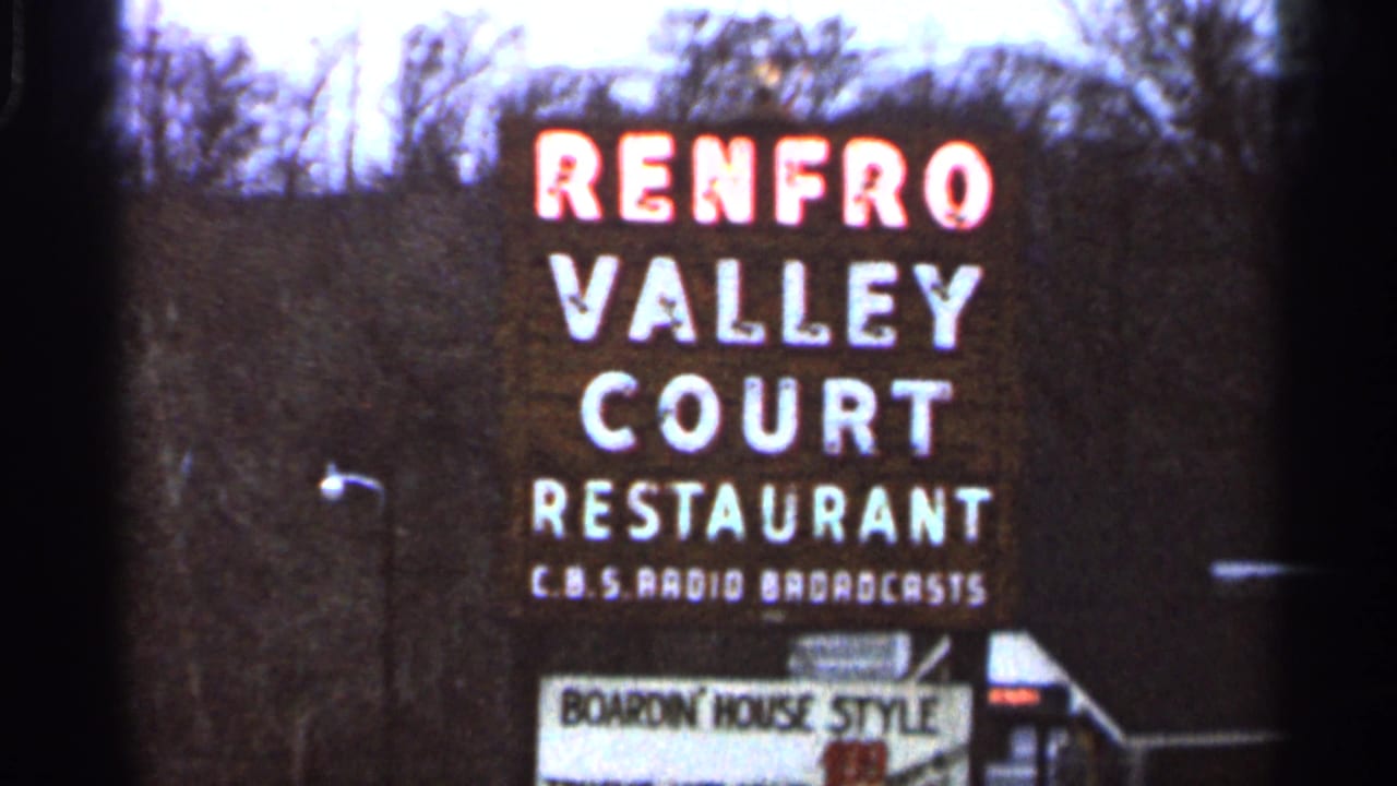 A closer 1966 Georgia view shows the Renfro Valley Court Restaurant sign with additional CBS radio broadcasts wording below.