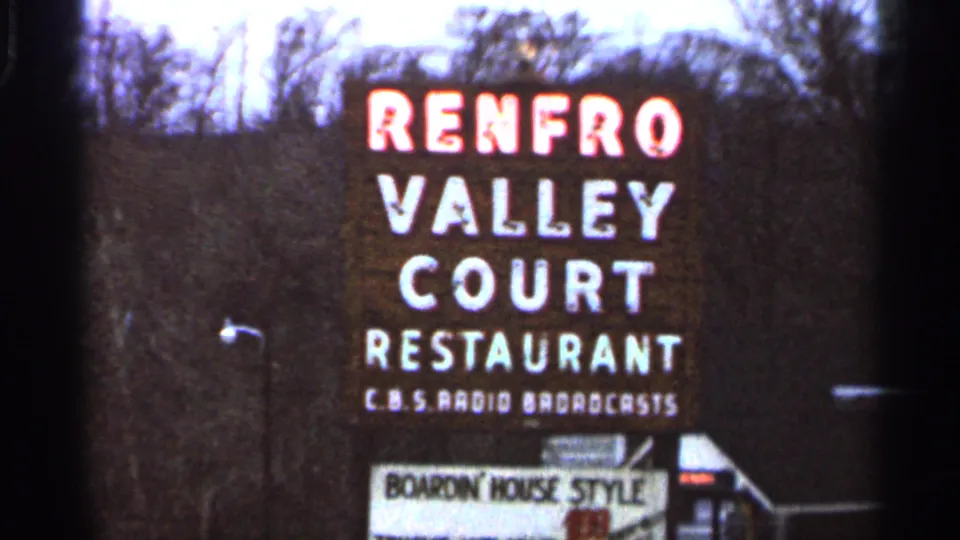 A closer 1966 Georgia view shows the Renfro Valley Court Restaurant sign with additional CBS radio broadcasts wording below.