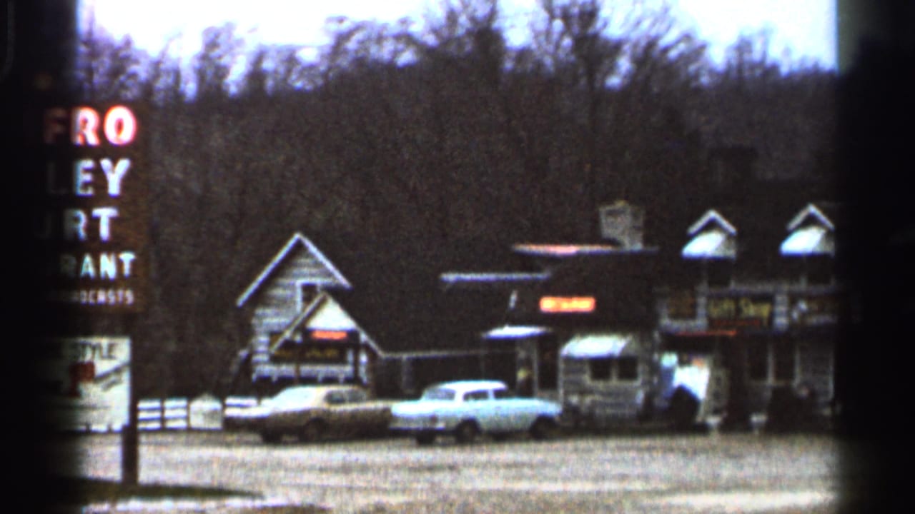 Rustic roadside storefronts with parked cars, gravel lot, tall sign, and wooded hill behind.