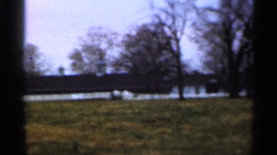 Soft 8mm frame from Georgia in 1966 showing a grassy field, bare trees, water beyond, and a dark low building or fence line.