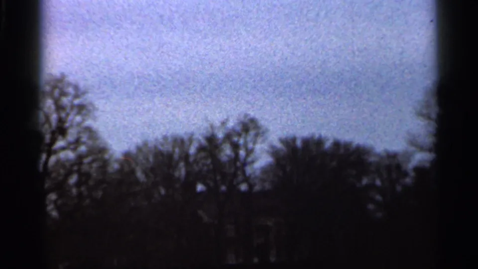 1966 Georgia 8mm frame with bare tree silhouettes against a pale blue sky and a darkened edge from the film frame.