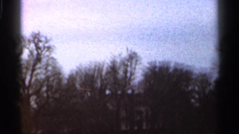 1966 Georgia 8mm frame with a bare tree line, pale sky, and a distant light-colored structure partly visible at the bottom.