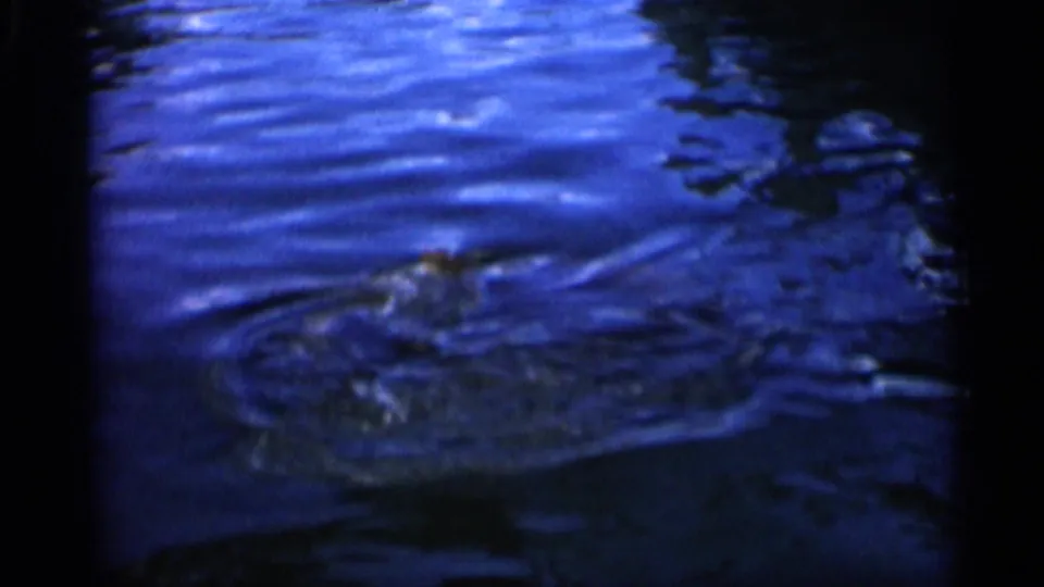 A larger fish-like form moves through darker blue water in supported 1958 Alabama home-movie footage.