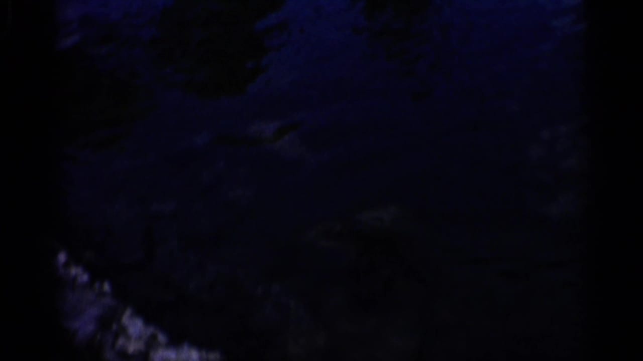 Dark 1958 Alabama zoo-pond frame with faint water texture, rocks, and heavy blue-shadow exposure from the 8mm scan.