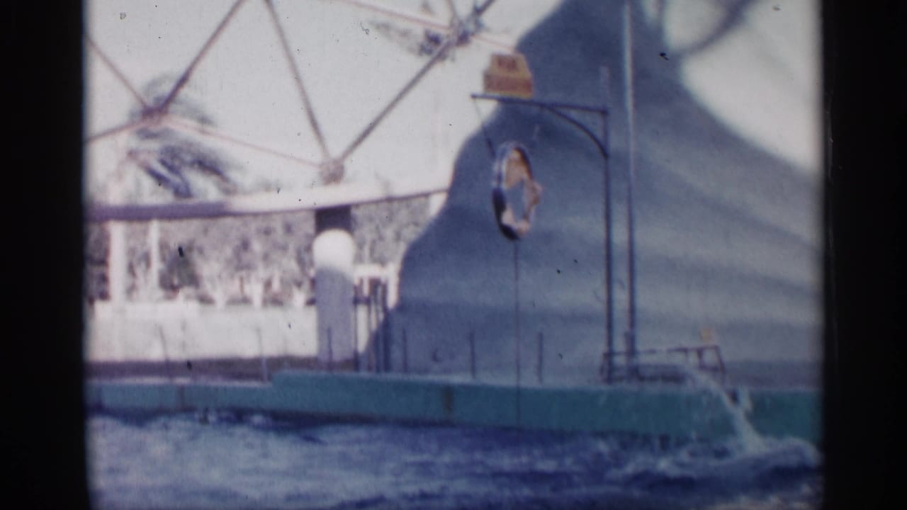 1958 Alabama 8mm frame showing a dolphin in an enclosed pool area near a hoop, with turquoise edging and dome framework visible.