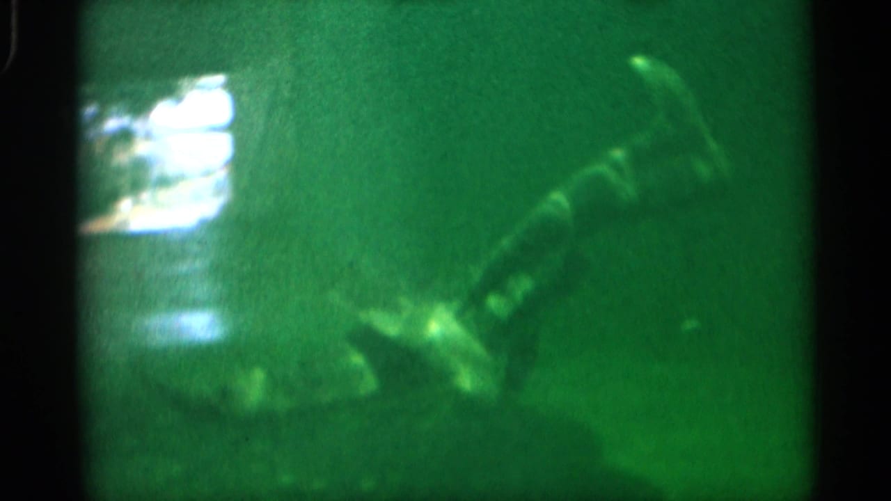 1958 Alabama 8mm frame with a dolphin-shaped marine animal passing through green aquarium water near a bright reflection.