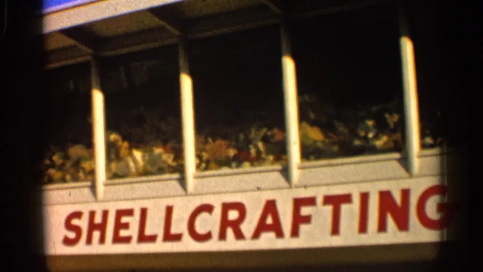 1958 Alabama frame showing the shellcrafting sign and multi-pane storefront display filled with shell souvenirs.