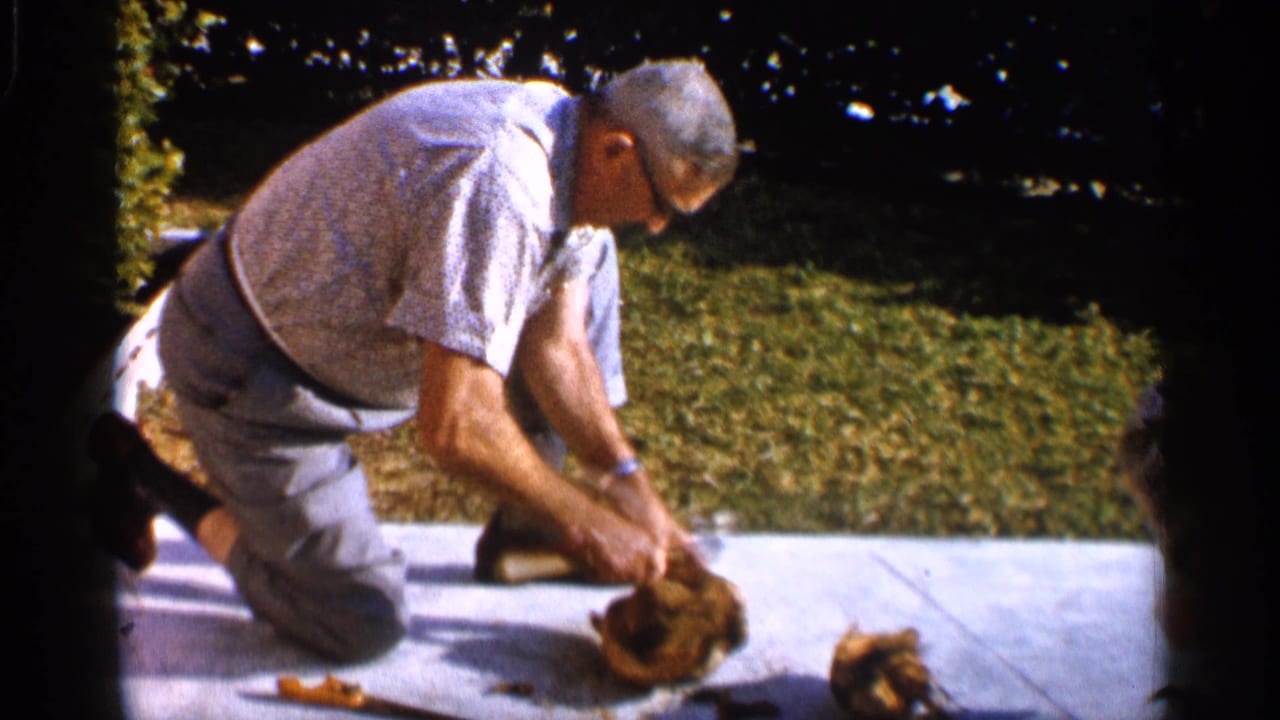 The man bends forward over a coconut on a concrete patio in metadata-supported 1958 Alabama footage.