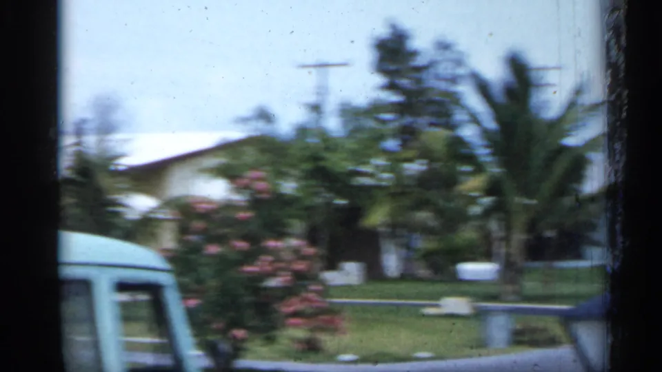 Motion-soft 1958 Florida frame showing a residential lawn, flowering shrub, palms, house, and the side of a light vehicle.