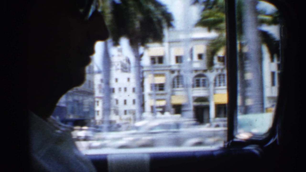Two silhouetted car occupants beside a window with palm trees and bright buildings outside.