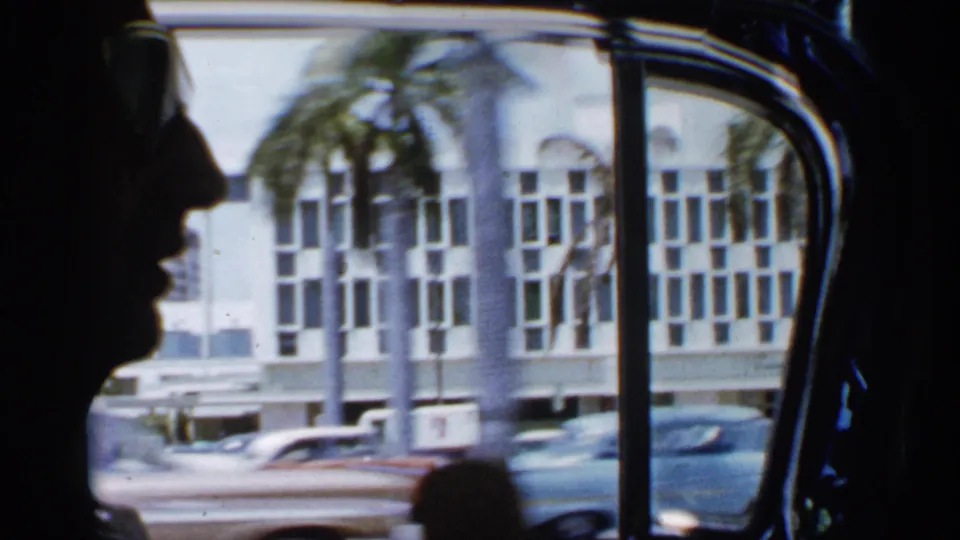 A silhouetted passenger sits by a curved car window while palm trees, storefront-like buildings, and classic cars pass in bright Florida daylight.