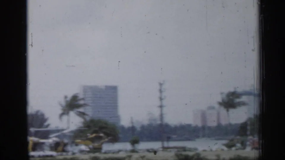 1958 Florida waterfront cityscape with palm trees, utility poles, low foreground structures, water, and a distant high-rise softened by 8mm blur.