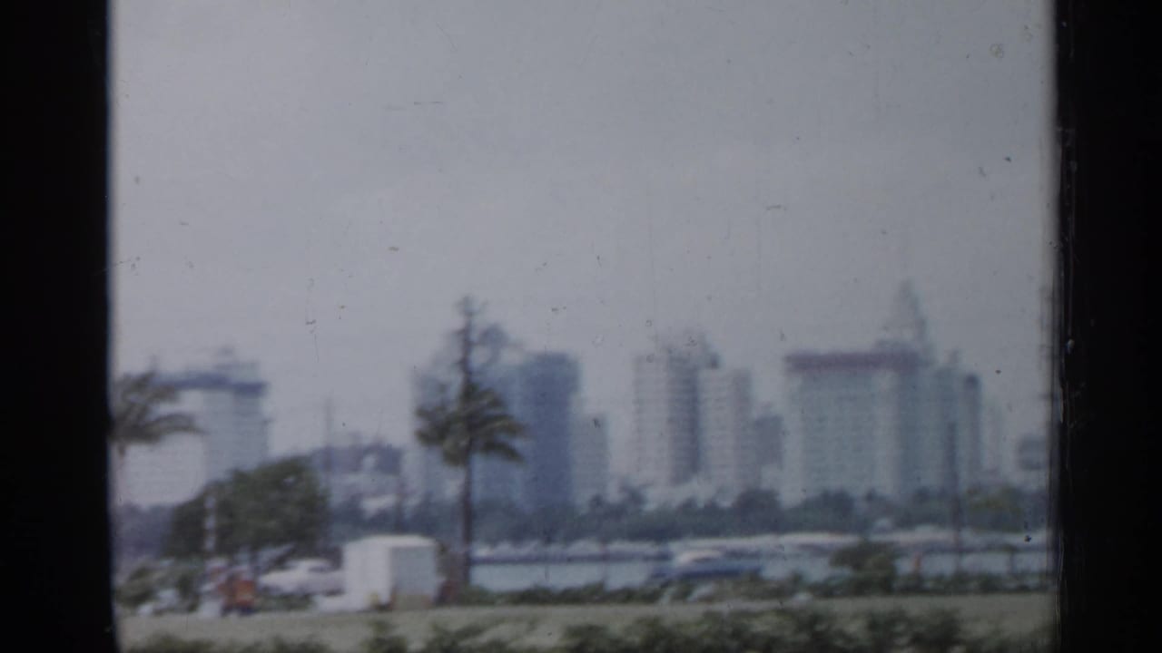 Hazy city skyline beyond palm trees and a roadway, seen through dark film frame edges.