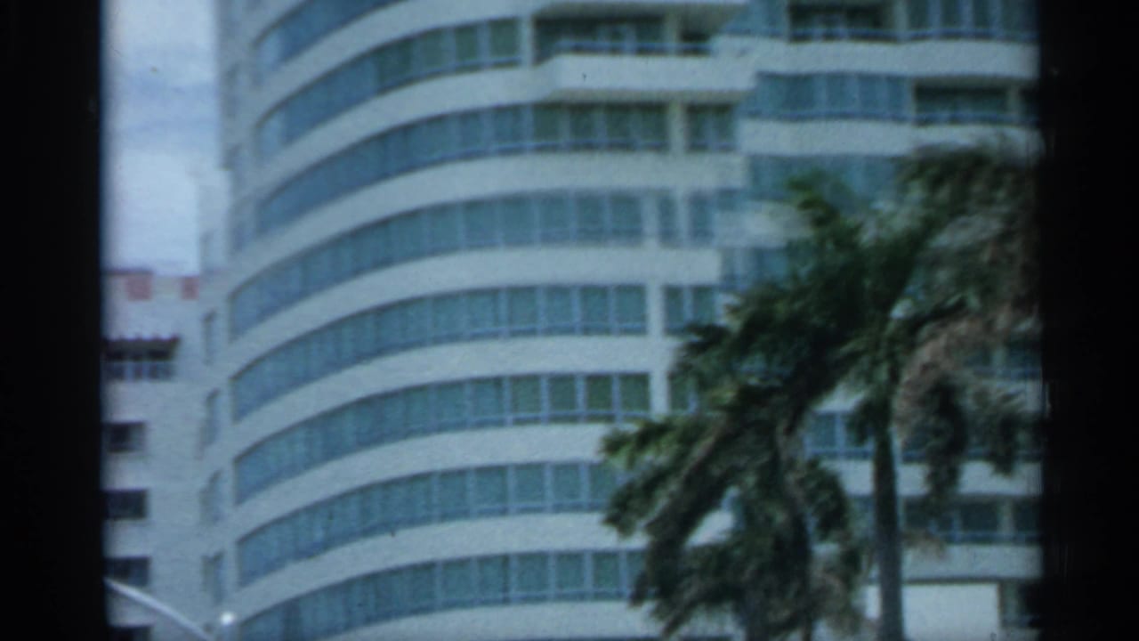 Rounded building facade with palm trees and dark film-frame edges.