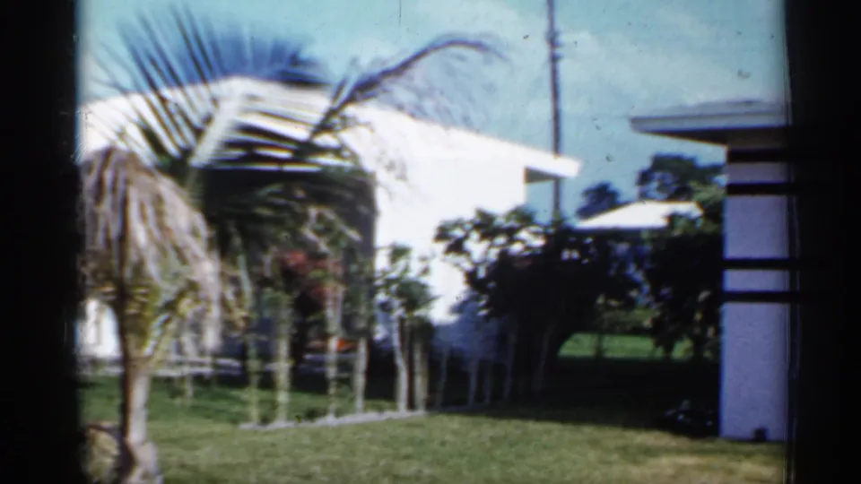 1958 Florida frame showing palm fronds, a white low-roof house, lawn, bushes, and a partial structure at the right edge.