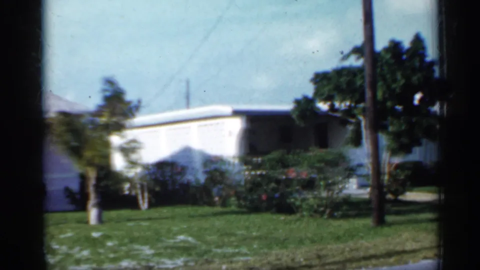 1958 Florida 8mm frame showing a roadside lawn, white house, palm tree, shrubs, and a utility pole from a moving viewpoint.