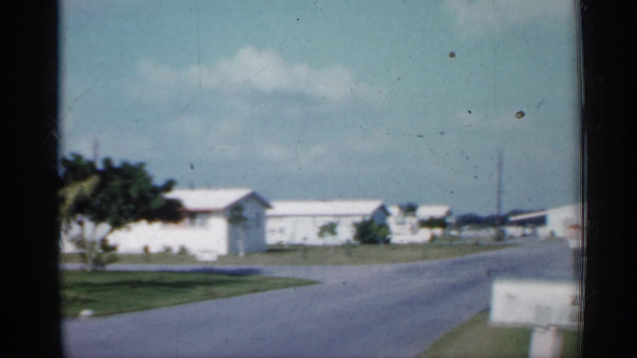 Paved suburban road with white houses, green lawns, trees, and a foreground mailbox.