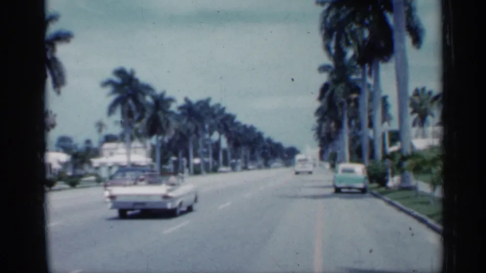 1958 Florida frame with a white convertible on a sunny palm-lined boulevard and a light green car near the right curb.