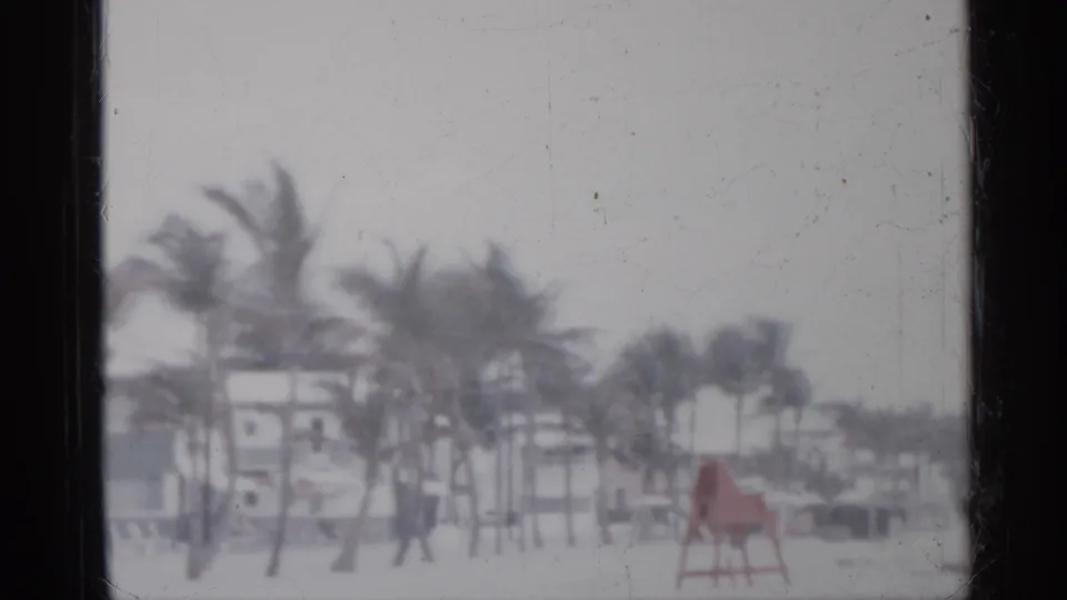 1958 Florida coastal frame with wind-bent palms, low beachside buildings, sand, and a red lifeguard chair.