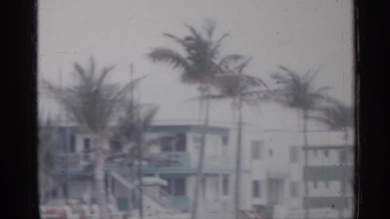 1958 Florida beach scene with palms, pale low-rise buildings, and stormy haze framed by visible 8mm gate edges.