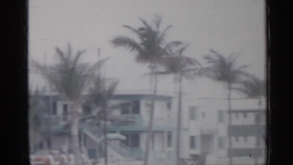 1958 Florida beach scene with palms, pale low-rise buildings, and stormy haze framed by visible 8mm gate edges.