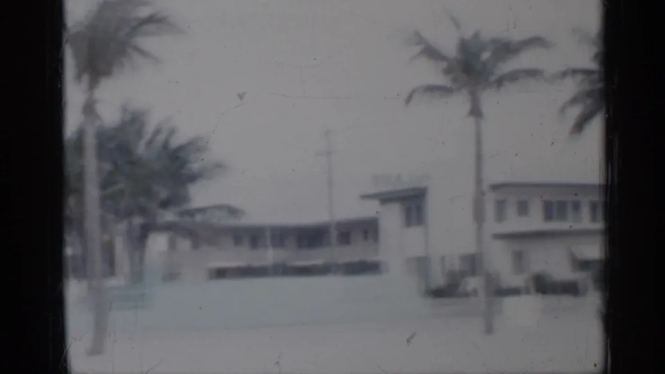 1958 Florida coastal exterior with low buildings, palm trunks, hedges, and open sand captured from a visitor's beach viewpoint.