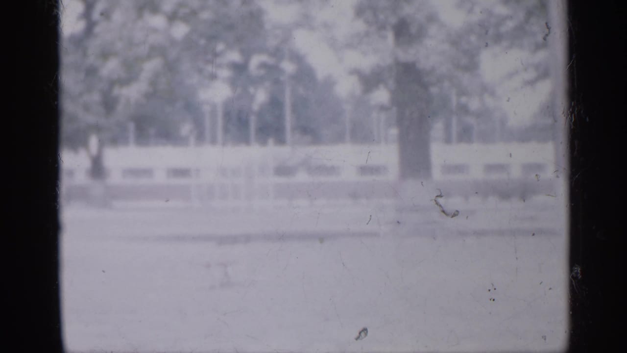 Soft 8mm frame of an empty park seen through film gate edges and trees.