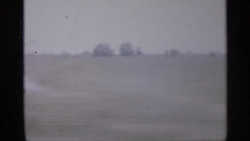 1958 New Jersey 8mm frame showing a hazy tree line, open field, and dark window framing from inside a moving vehicle.
