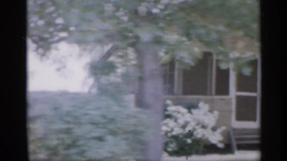 1958 New Jersey home-movie view of a house corner, porch windows, front steps, yard, and tree branches in soft 8mm color.