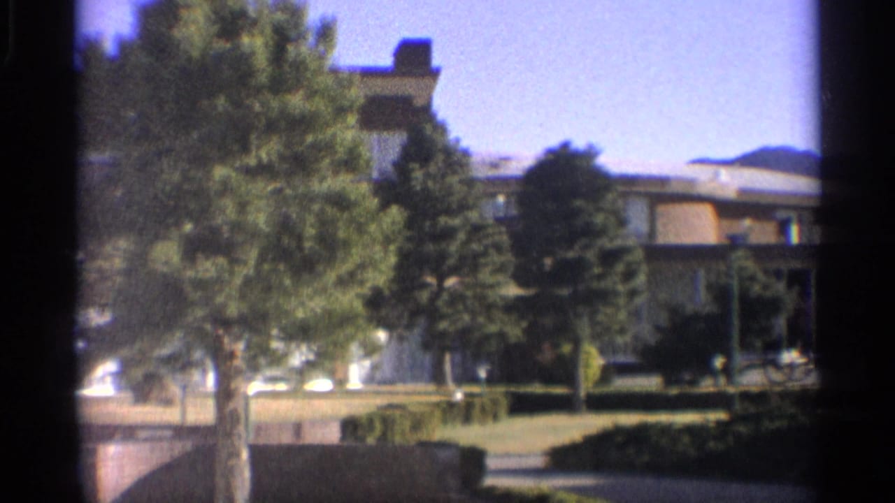 Motel building and trees with mountains faintly visible beyond.