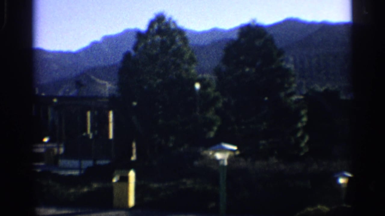 Trees and a low building with mountains beyond the roofline.
