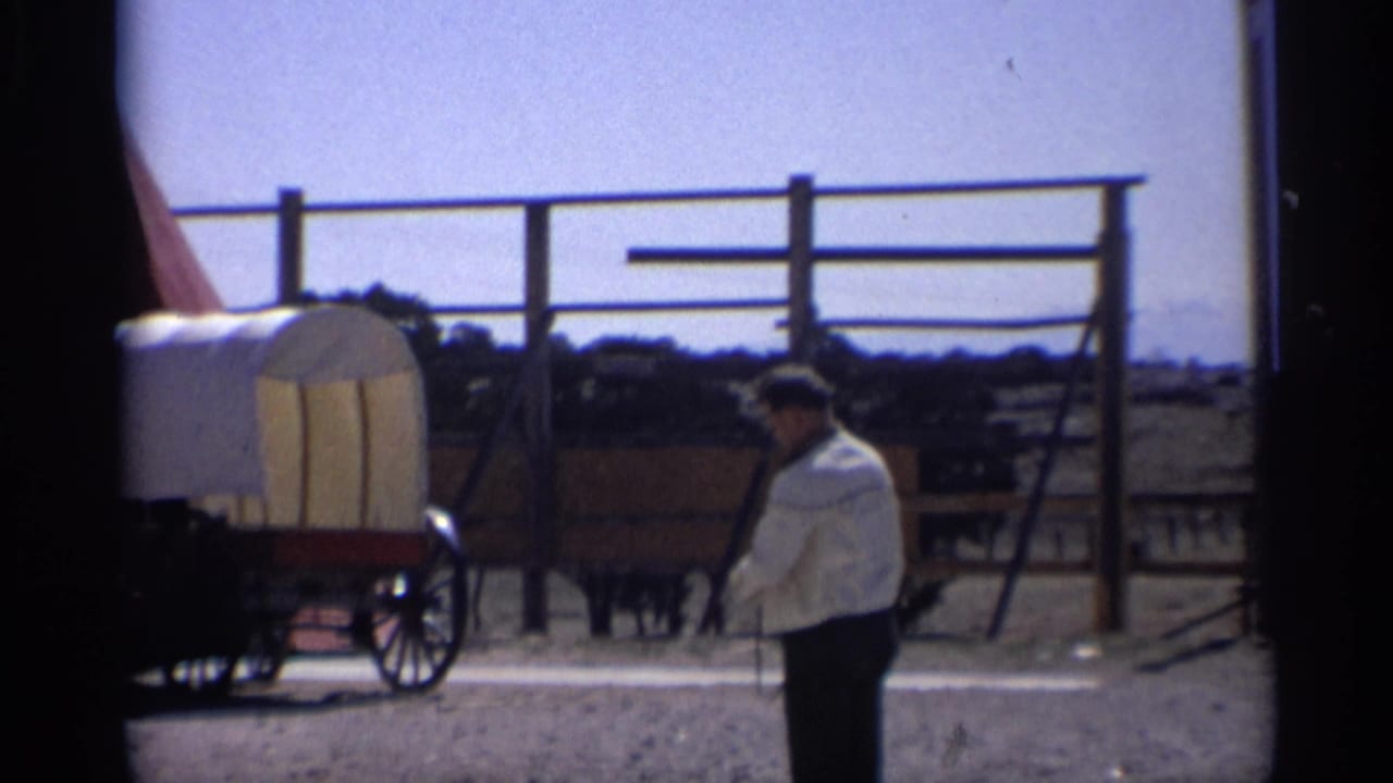 1959 Arizona home-movie frame showing an adult man near a covered wagon, wooden fence, and dark animals under a bright sky.
