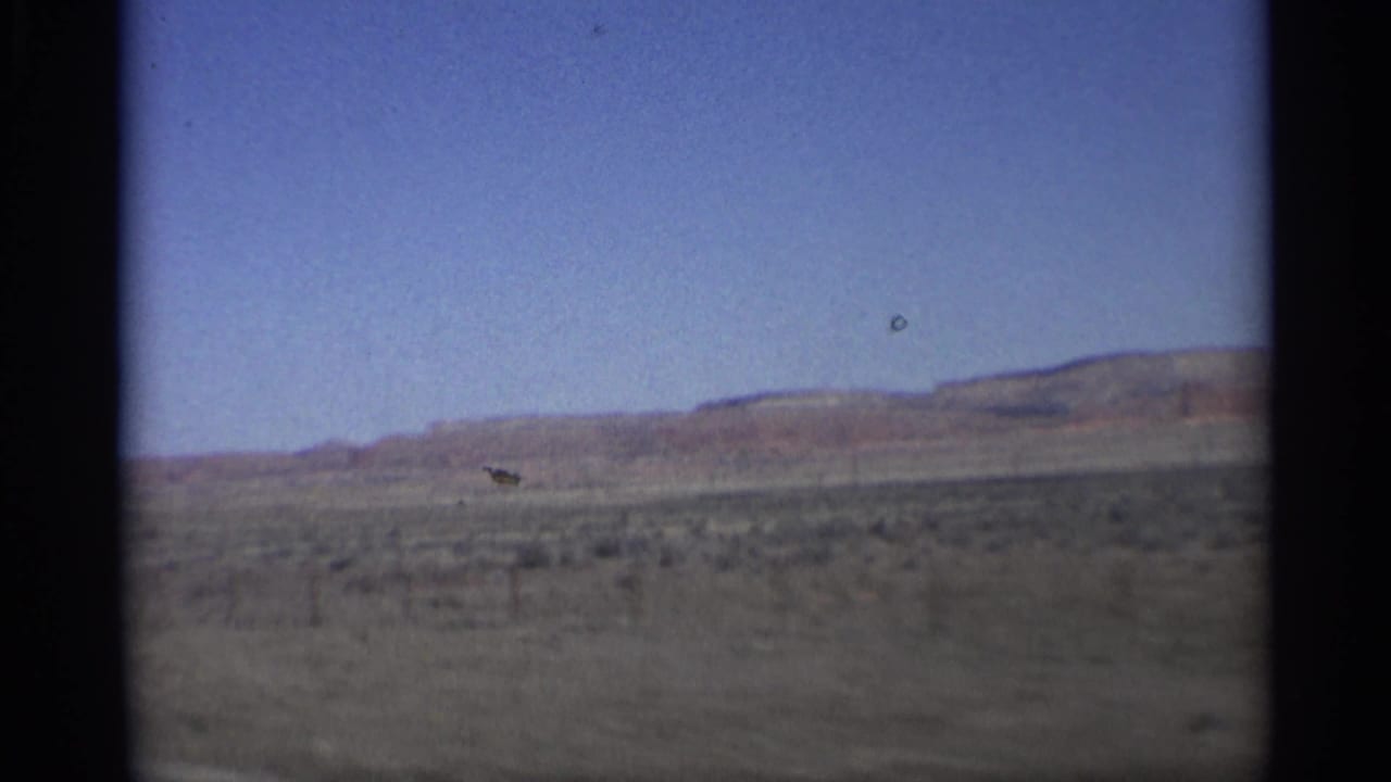 Wide desert landscape with low ridge line, scrub foreground, and clear blue sky.