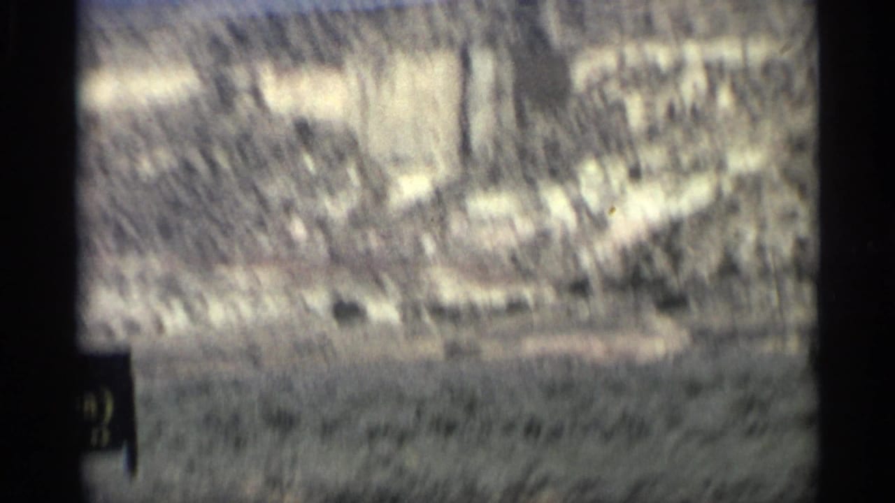 Blurred roadside sign and pale rocky desert slope.