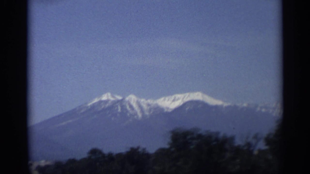 Snow-capped mountain range under blue sky with dark trees in the foreground.