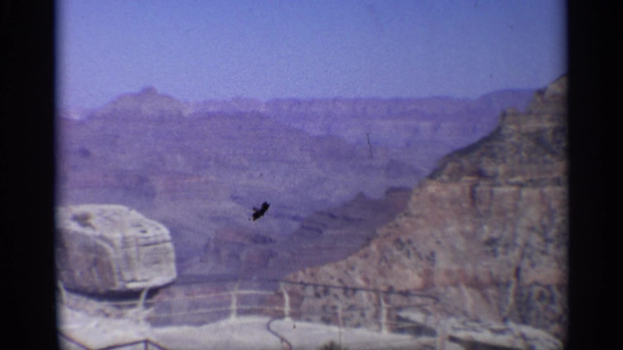 Canyon wall and overlook railing with distant mesas under a blue sky.