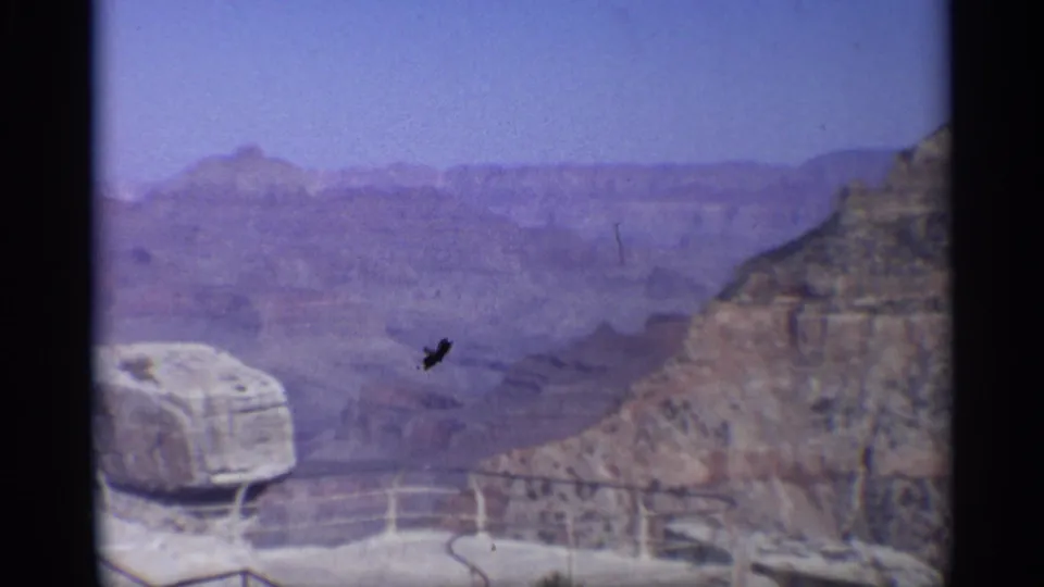 1959 Arizona 8mm frame with canyon wall, overlook railing, pale ledge, and distant desert mesas under blue sky.