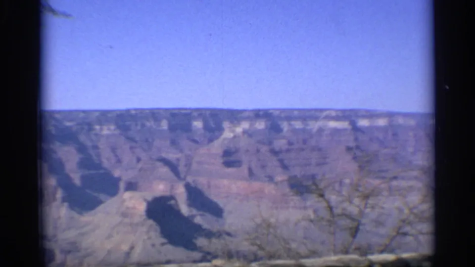 1959 Arizona home-movie frame showing a broad Grand Canyon vista under blue sky with a bare tree at the overlook.