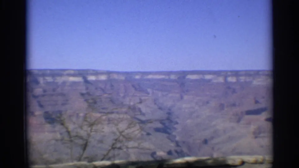 1959 Arizona frame showing a wide Grand Canyon overlook view with foreground branches and distant canyon formations.