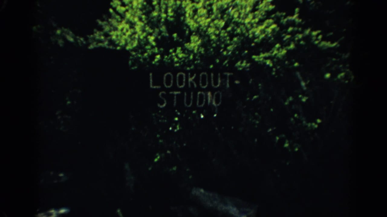 Dark shot of a Lookout Studio sign partly surrounded by green foliage.