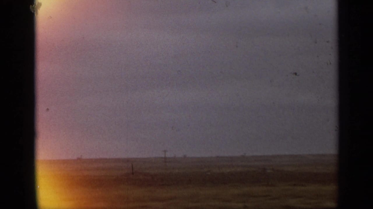 Flat open plain beneath a muted sky with distant utility poles.