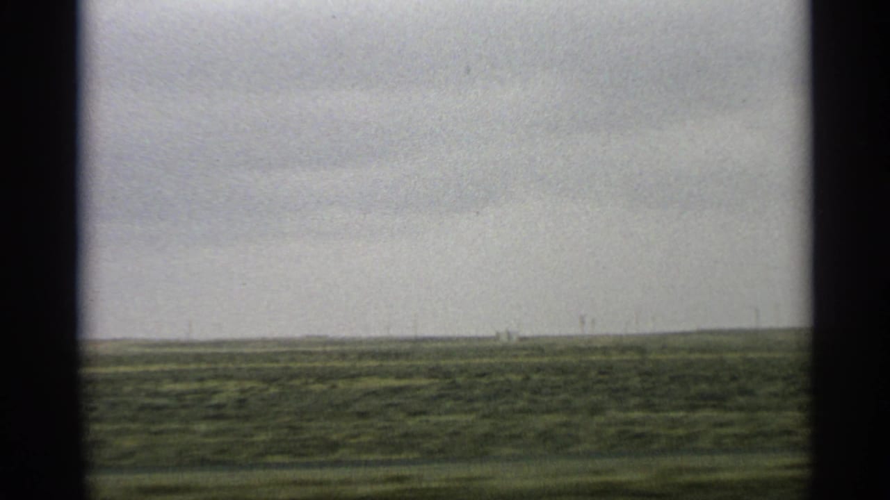 Green desert plain beneath an overcast sky, seen from a moving vehicle.