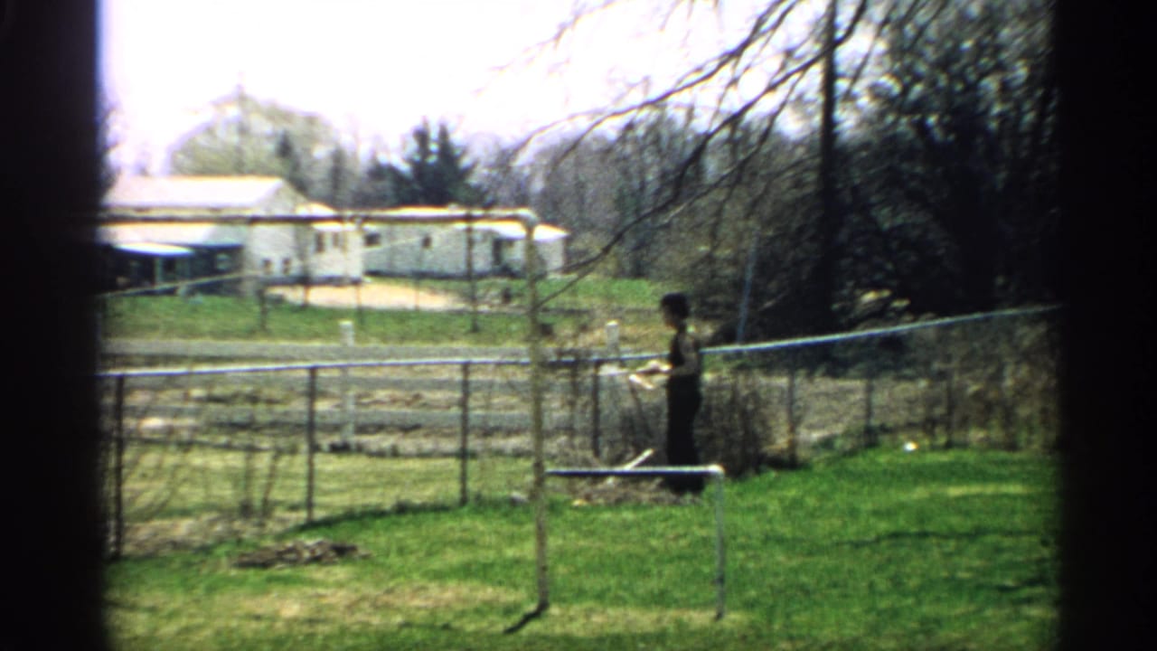 Person stands near a fence while working in a backyard garden.