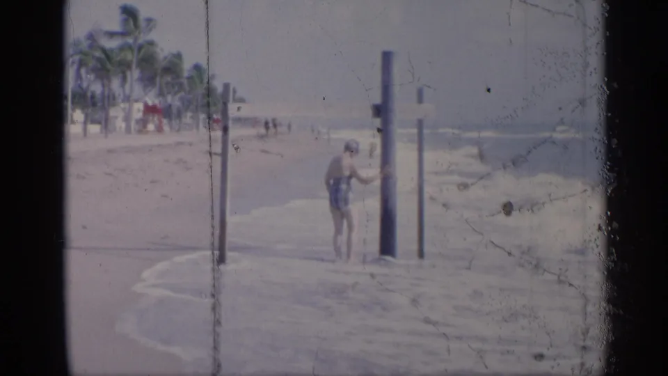 A swimmer stands near wooden posts where waves meet the sand on a California beach, with palms in the distance.