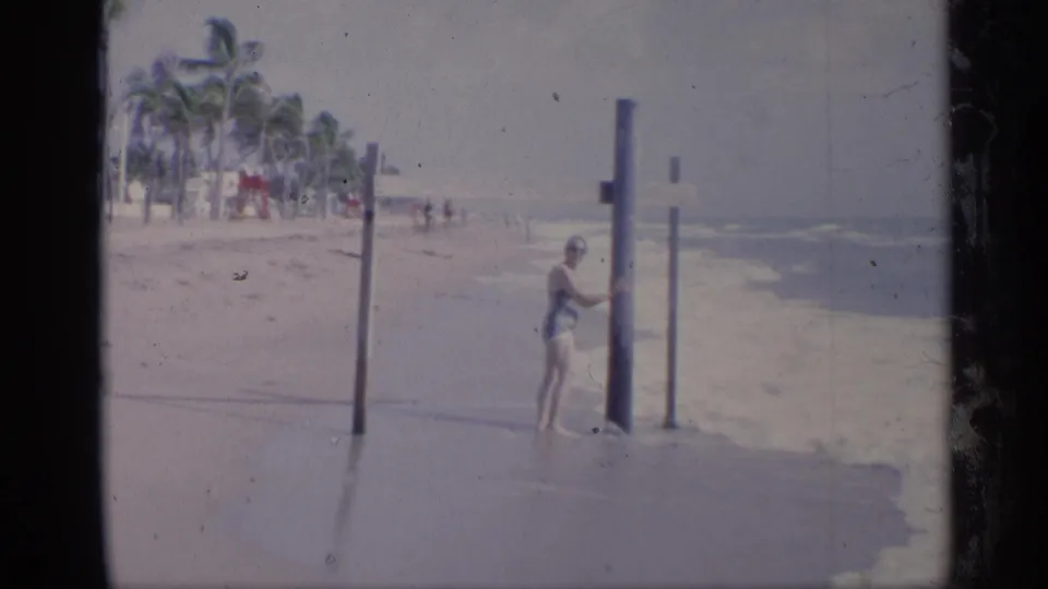A beachgoer in swimwear stands by tall posts in shallow surf, with palm trees and distant people along the beach.