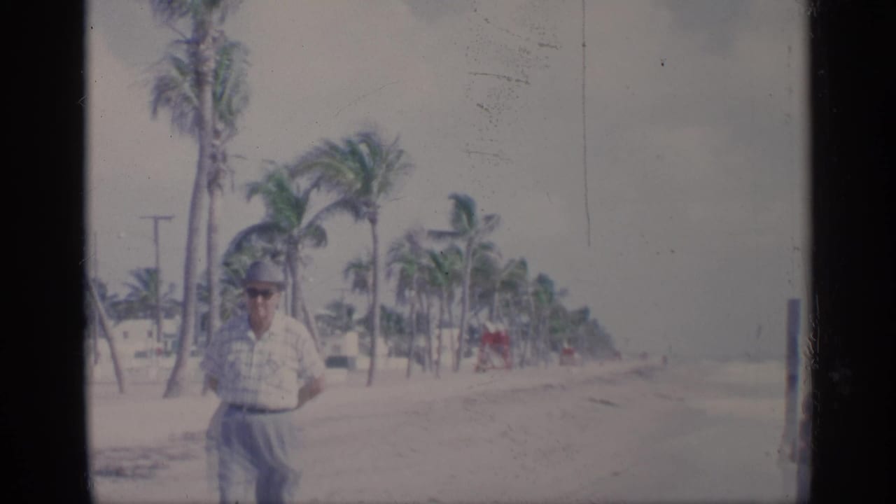 1959 California beach home-movie frame with a man in a light shirt and hat near palms, sand, and a hazy shoreline.