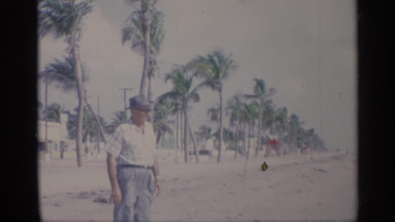 Man standing or walking on sand with palm trees and beach road behind him.