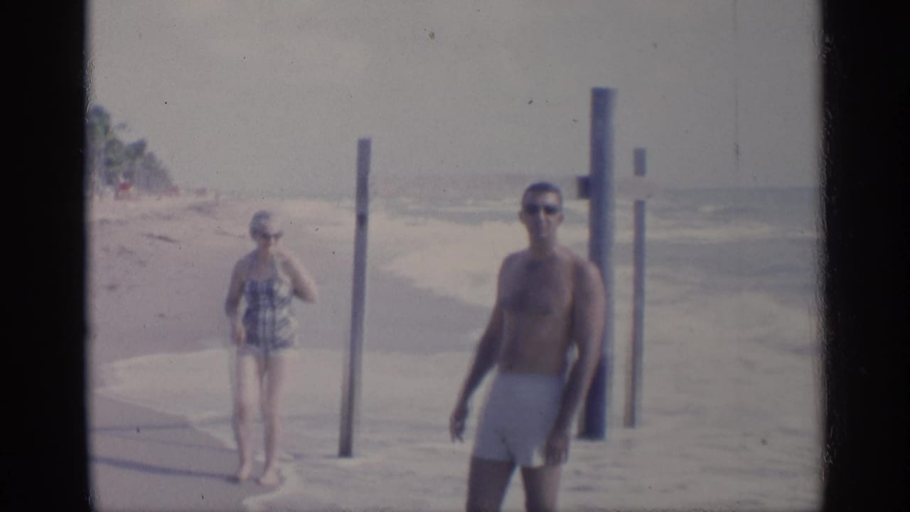 Man in white swim trunks and woman in plaid swimsuit near rough surf and beach posts.