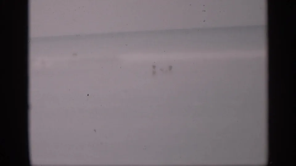 Soft 8mm view of distant people wading in the California surf, with the ocean horizon filling most of the frame.
